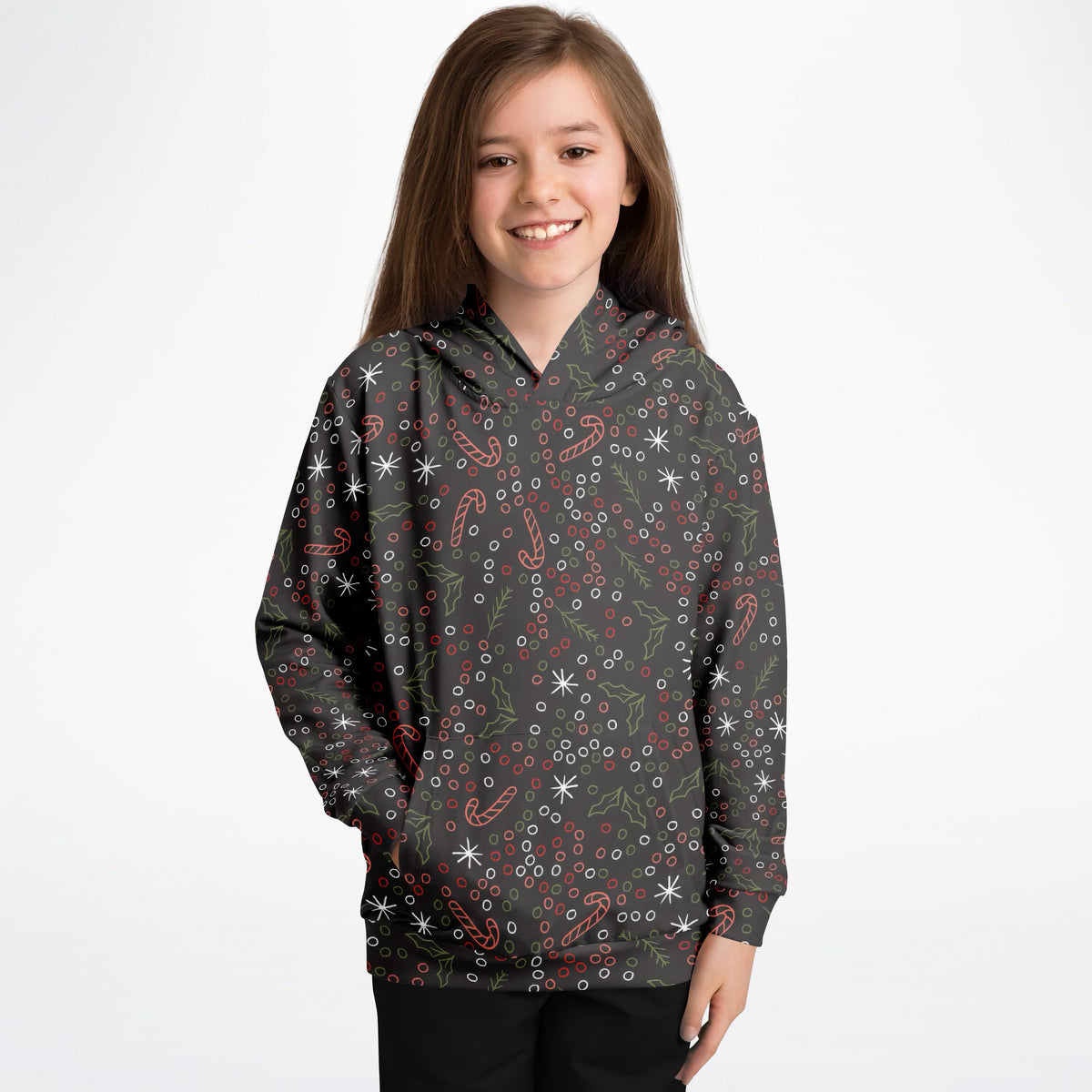Kids Dark Brown Christmas Candy Cane Hoodie – Ultra Comfy & Stretchy, Cozy Fleece or Lightweight Sports Fabric, Double-Layer Hood & Kangaroo Pocket