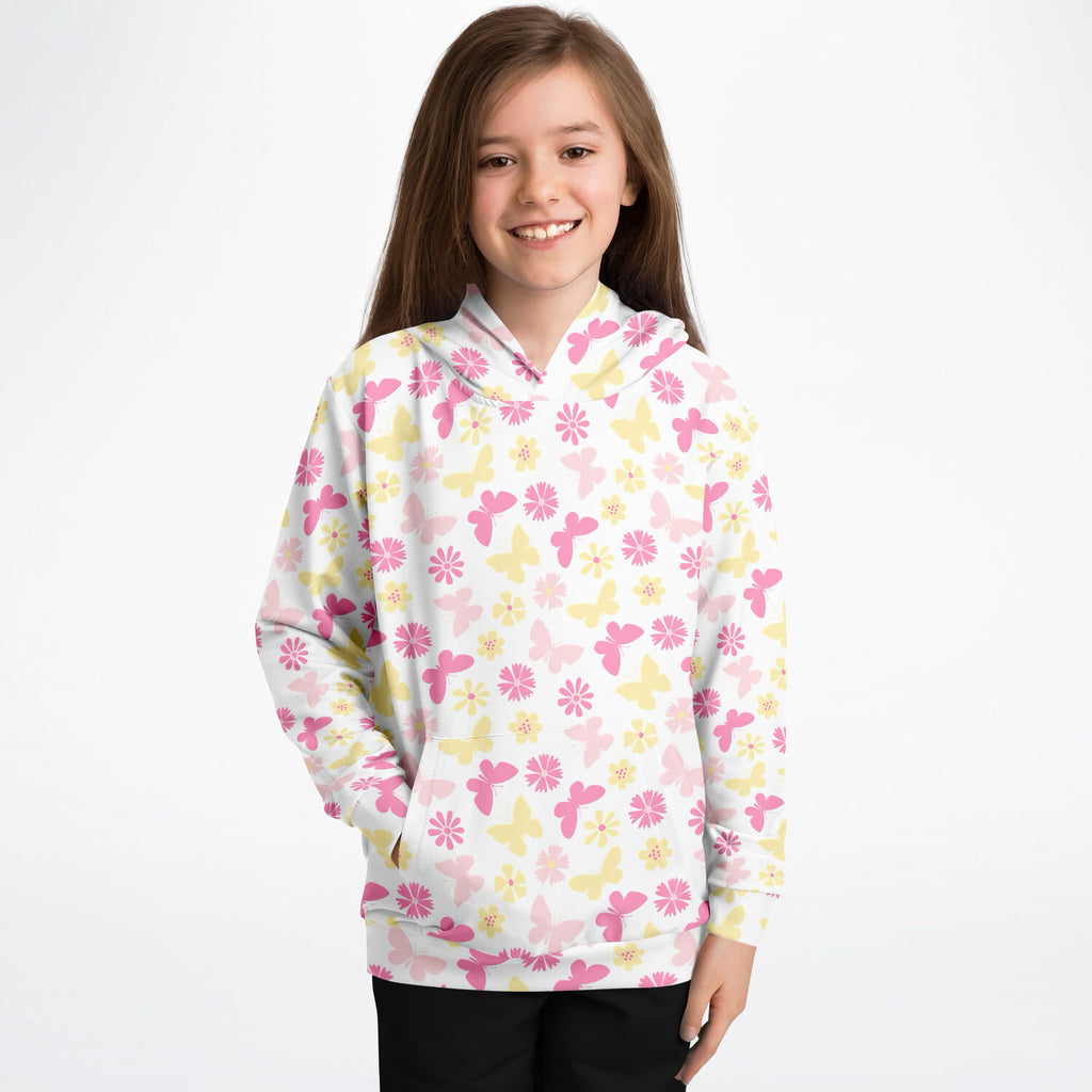 Girls Pink Butterfly & Daisy Hoodie – Ultra Comfy & Stretchy, Cozy Fleece or Lightweight Sports Fabric, Double-Layer Hood & Kangaroo Pocket