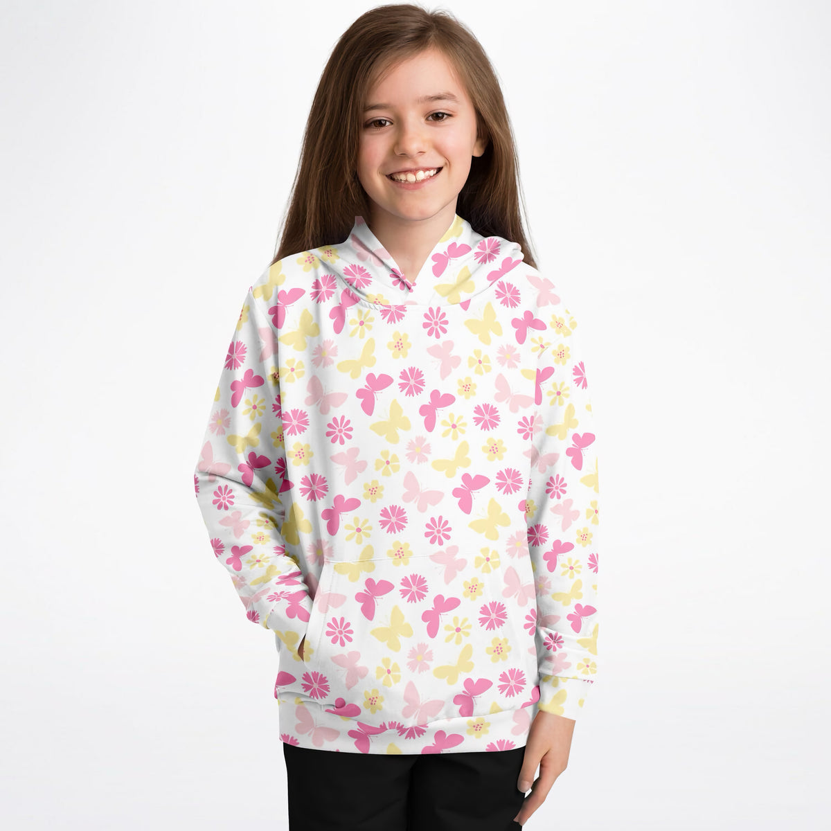 Girls Pink Butterfly & Daisy Hoodie – Ultra Comfy & Stretchy, Cozy Fleece or Lightweight Sports Fabric, Double-Layer Hood & Kangaroo Pocket