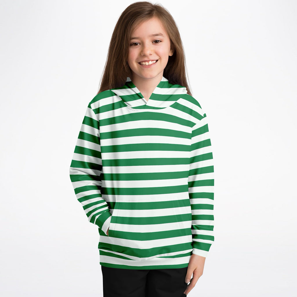 Kids Striped Green Christmas Hoodie – Ultra Comfy & Stretchy, Cozy Fleece or Lightweight Sports Fabric, Double-Layer Hood & Kangaroo Pocket