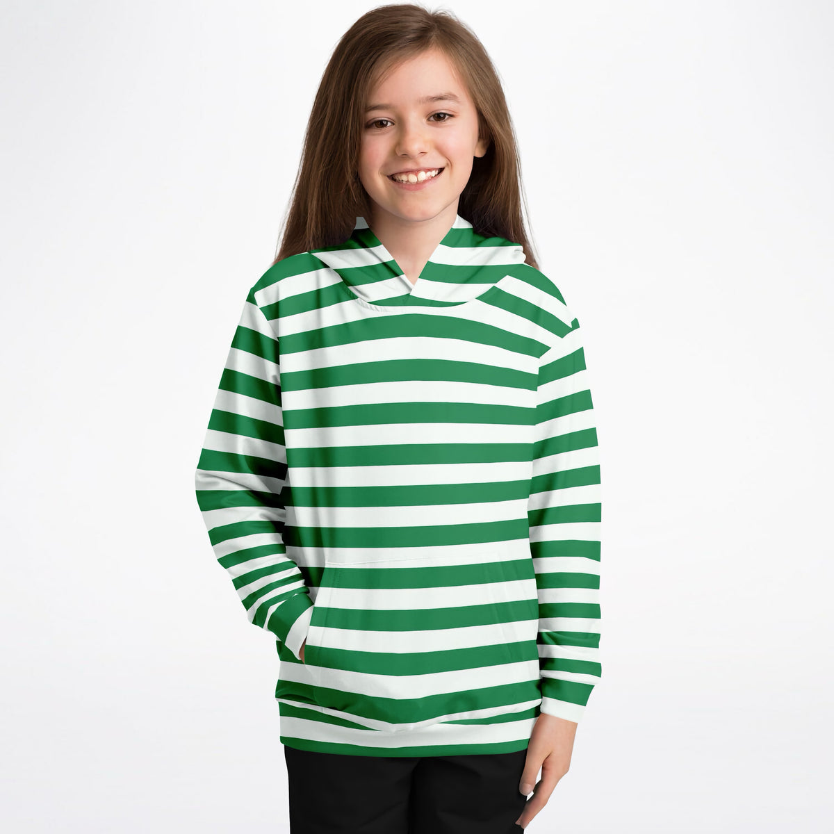 Kids Striped Green Christmas Hoodie – Ultra Comfy & Stretchy, Cozy Fleece or Lightweight Sports Fabric, Double-Layer Hood & Kangaroo Pocket