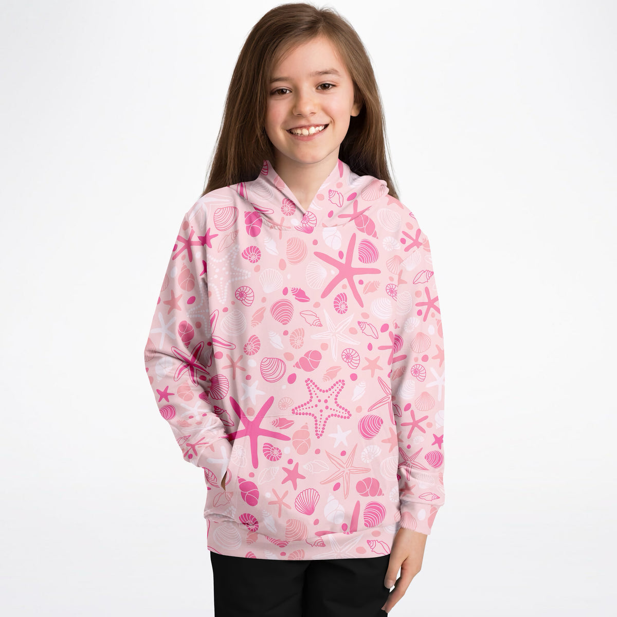 Girls Pink Starfish & Shells Hoodie – Ultra Comfy & Stretchy, Cozy Fleece or Lightweight Sports Fabric, Double-Layer Hood & Kangaroo Pocket