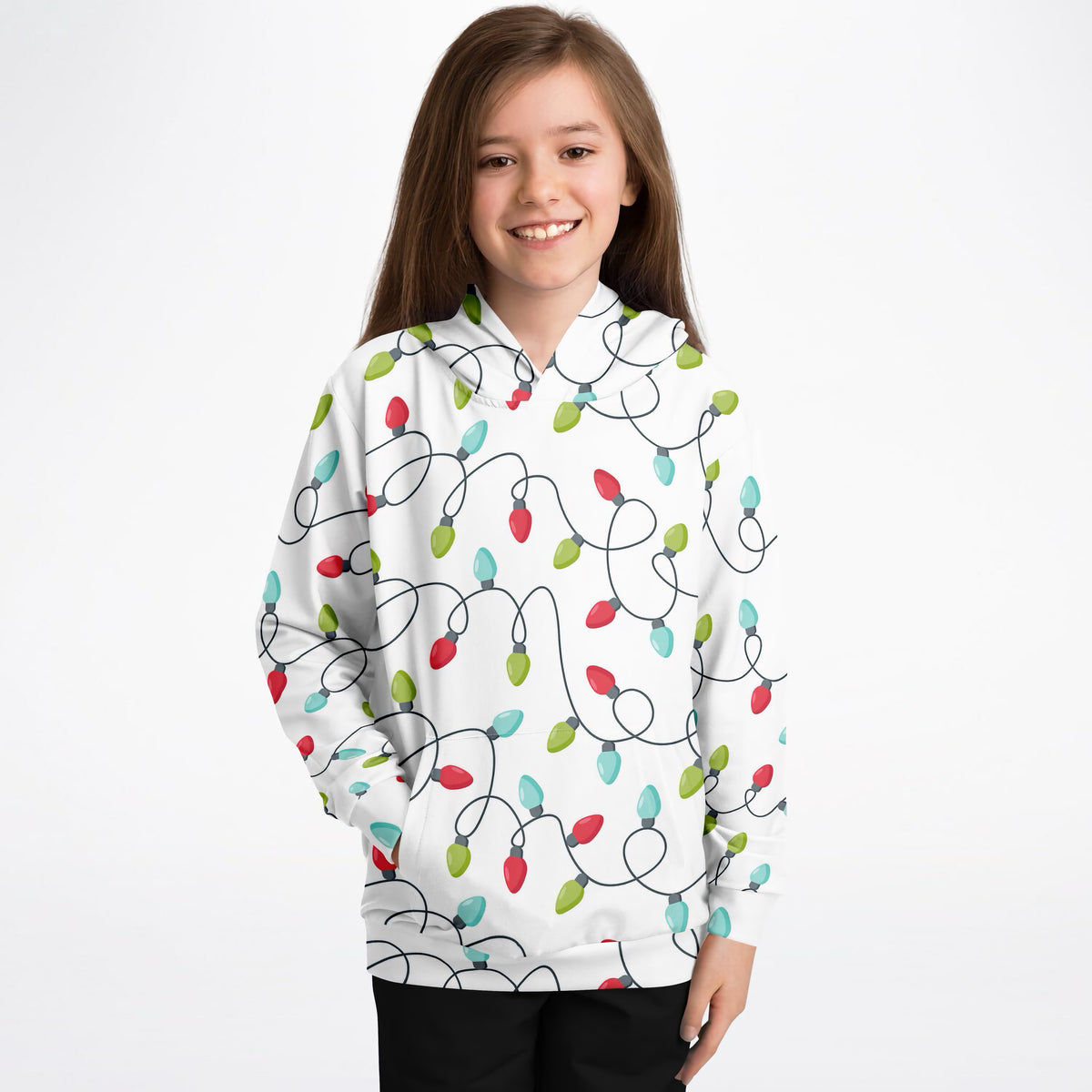 Kids Christmas Lights Hoodie – Ultra Comfy & Stretchy, Cozy Fleece or Lightweight Sports Fabric, Double-Layer Hood & Kangaroo Pocket