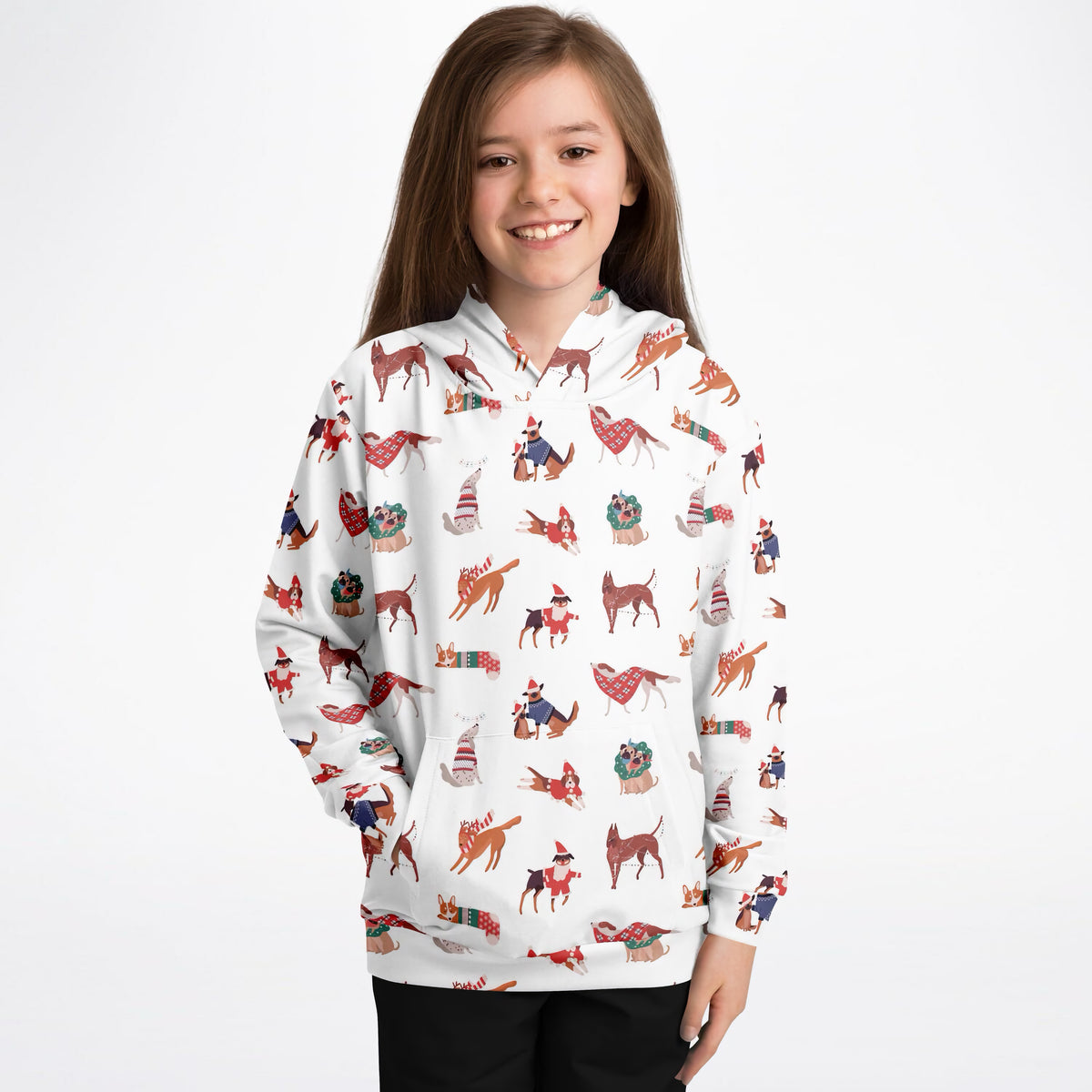 Kids Christmas Dogs Hoodie – Ultra Comfy & Stretchy, Cozy Fleece or Lightweight Sports Fabric, Double-Layer Hood & Kangaroo Pocket