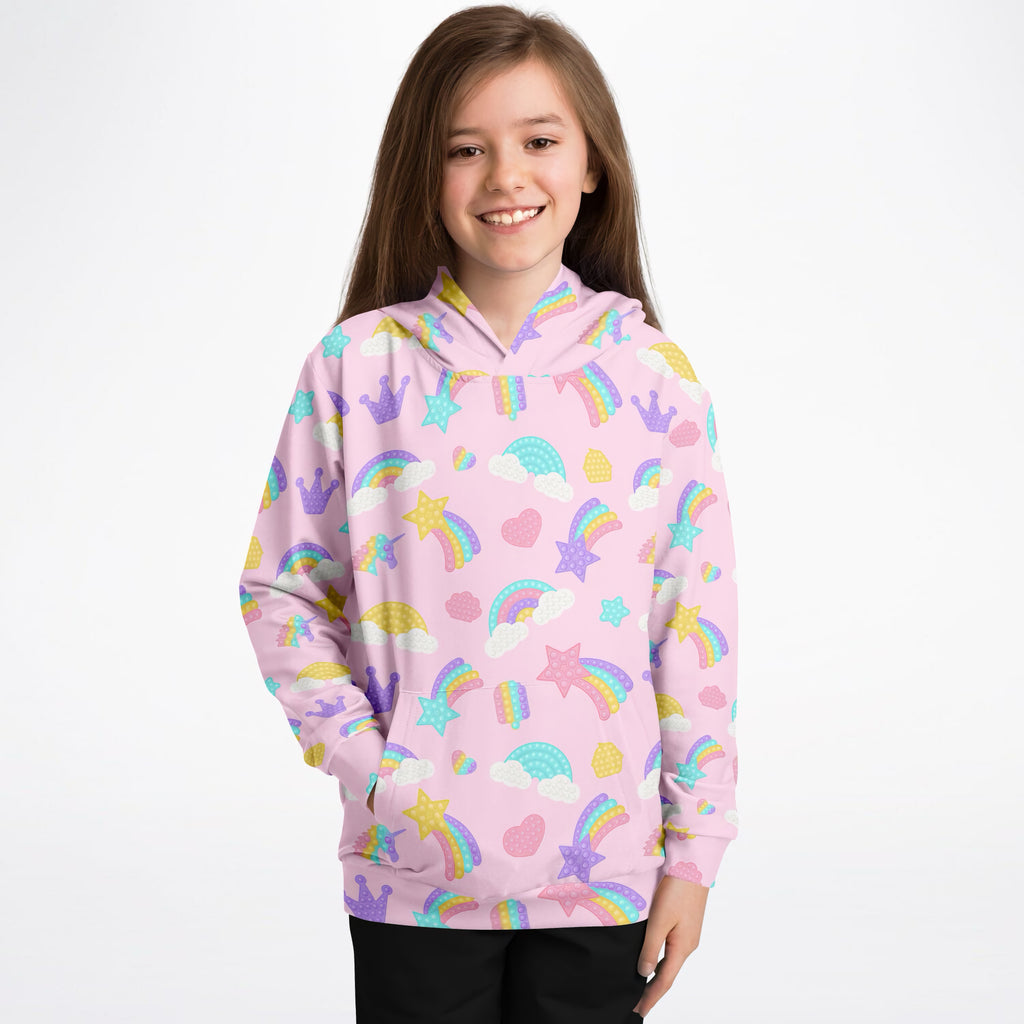 Girls Pink Rainbow Fidget Toy Themed Hoodie – Ultra Comfy & Stretchy, Cozy Fleece or Lightweight Sports Fabric, Double-Layer Hood & Kangaroo Pocket