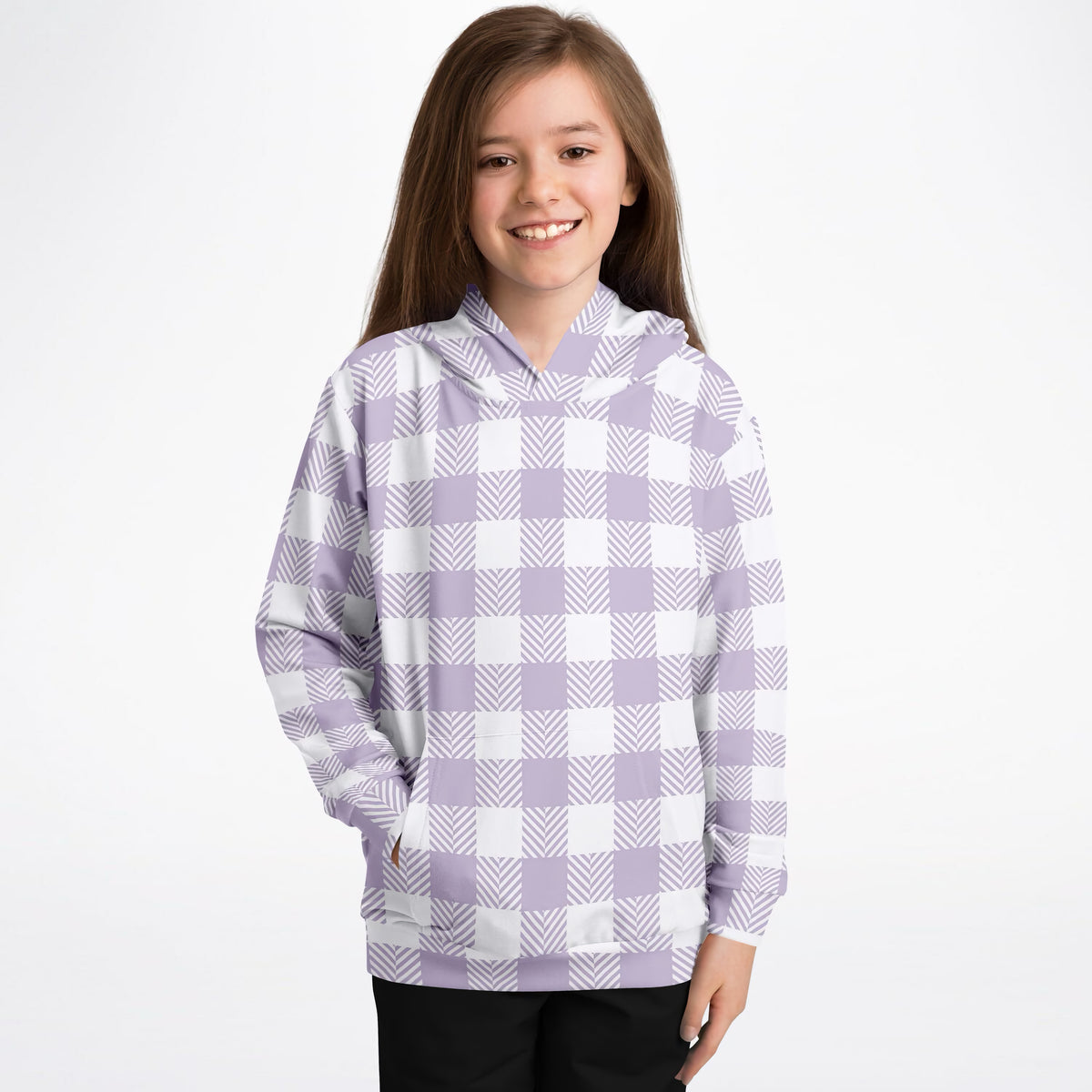 Girls Lavender Purple Gingham Plaid Hoodie – Ultra Comfy & Stretchy, Cozy Fleece or Lightweight Sports Fabric, Double-Layer Hood & Kangaroo Pocket