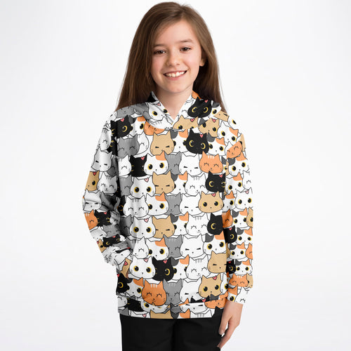 White long-sleeved girls cat face hoodie with playful cartoon cats in cotton fleece or lightweight sports fabric