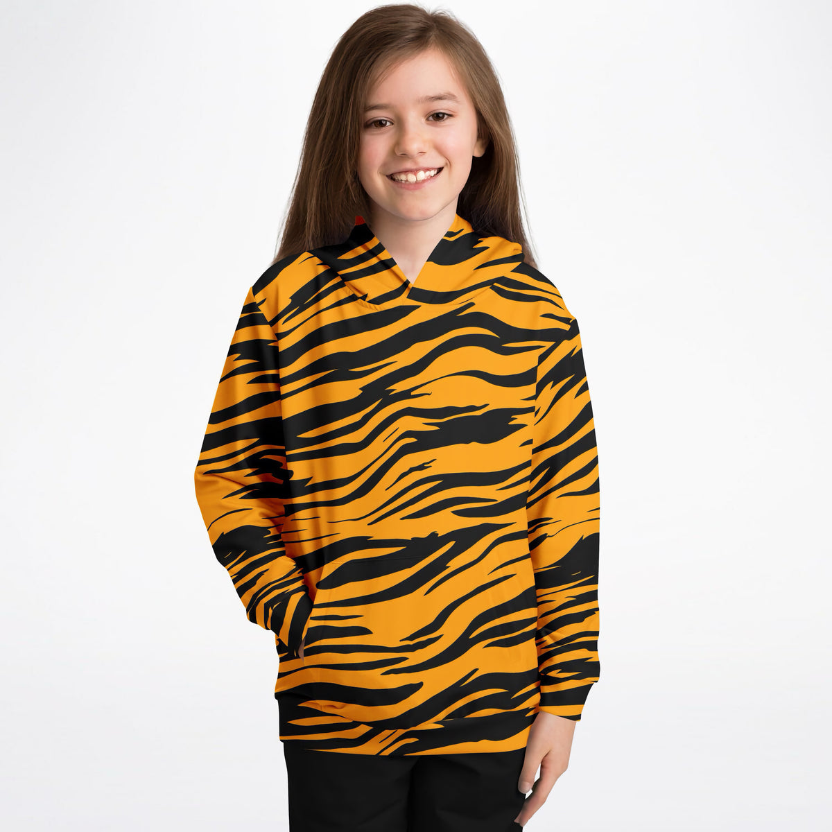 Kids Orange Tiger Stripe Hoodie – Ultra Comfy & Stretchy, Cozy Fleece or Lightweight Sports Fabric, Double-Layer Hood & Kangaroo Pocket