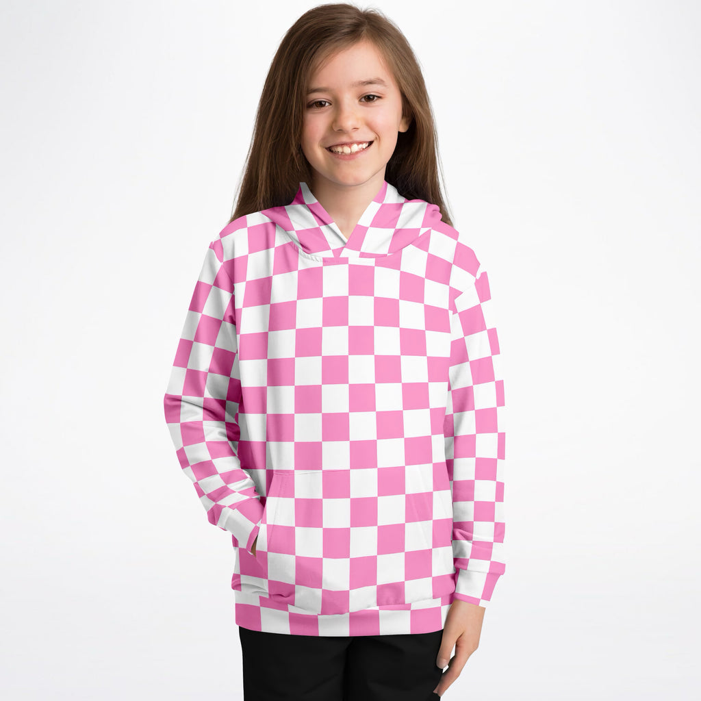 Girls Pink Checkered Hoodie – Ultra Comfy & Stretchy, Cozy Fleece or Lightweight Sports Fabric, Double-Layer Hood & Kangaroo Pocket