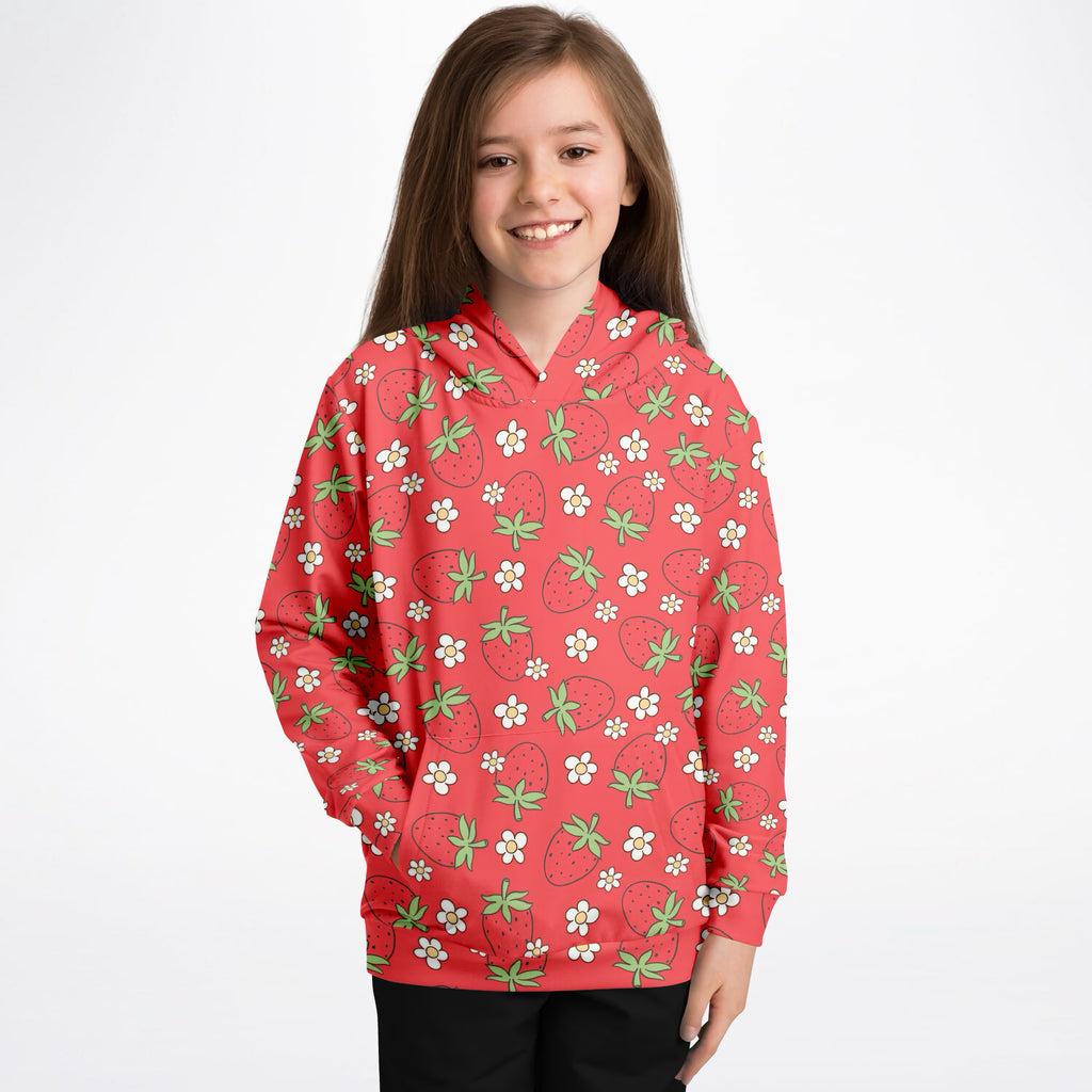 Kids Red Strawberry Hoodie – Ultra Comfy & Stretchy, Cozy Fleece or Lightweight Sports Fabric, Double-Layer Hood & Kangaroo Pocket