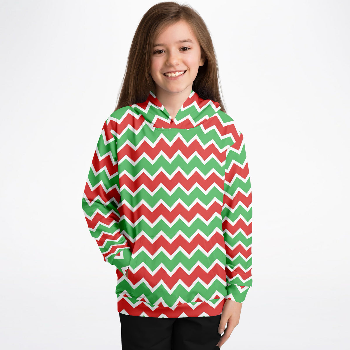 Kids Red & Green Christmas Chevron Hoodie – Ultra Comfy & Stretchy, Cozy Fleece or Lightweight Sports Fabric, Double-Layer Hood & Kangaroo Pocket
