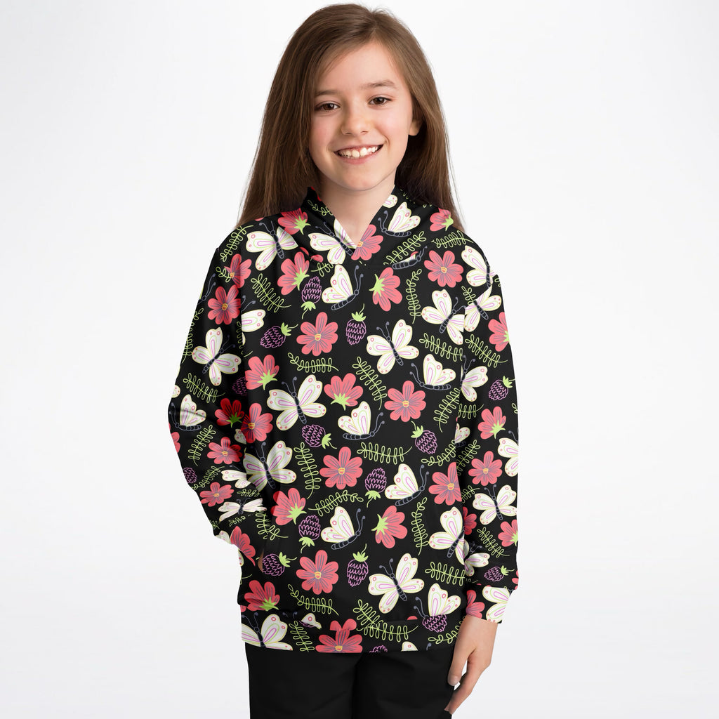 Girls Black Butterfly & Floral Hoodie – Ultra Comfy & Stretchy, Cozy Fleece or Lightweight Sports Fabric, Double-Layer Hood & Kangaroo Pocket