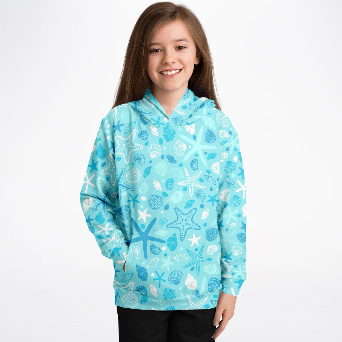 Kids Starfish & Shells Hoodie – Ultra Comfy & Stretchy, Cozy Fleece or Lightweight Sports Fabric, Double-Layer Hood & Kangaroo Pocket