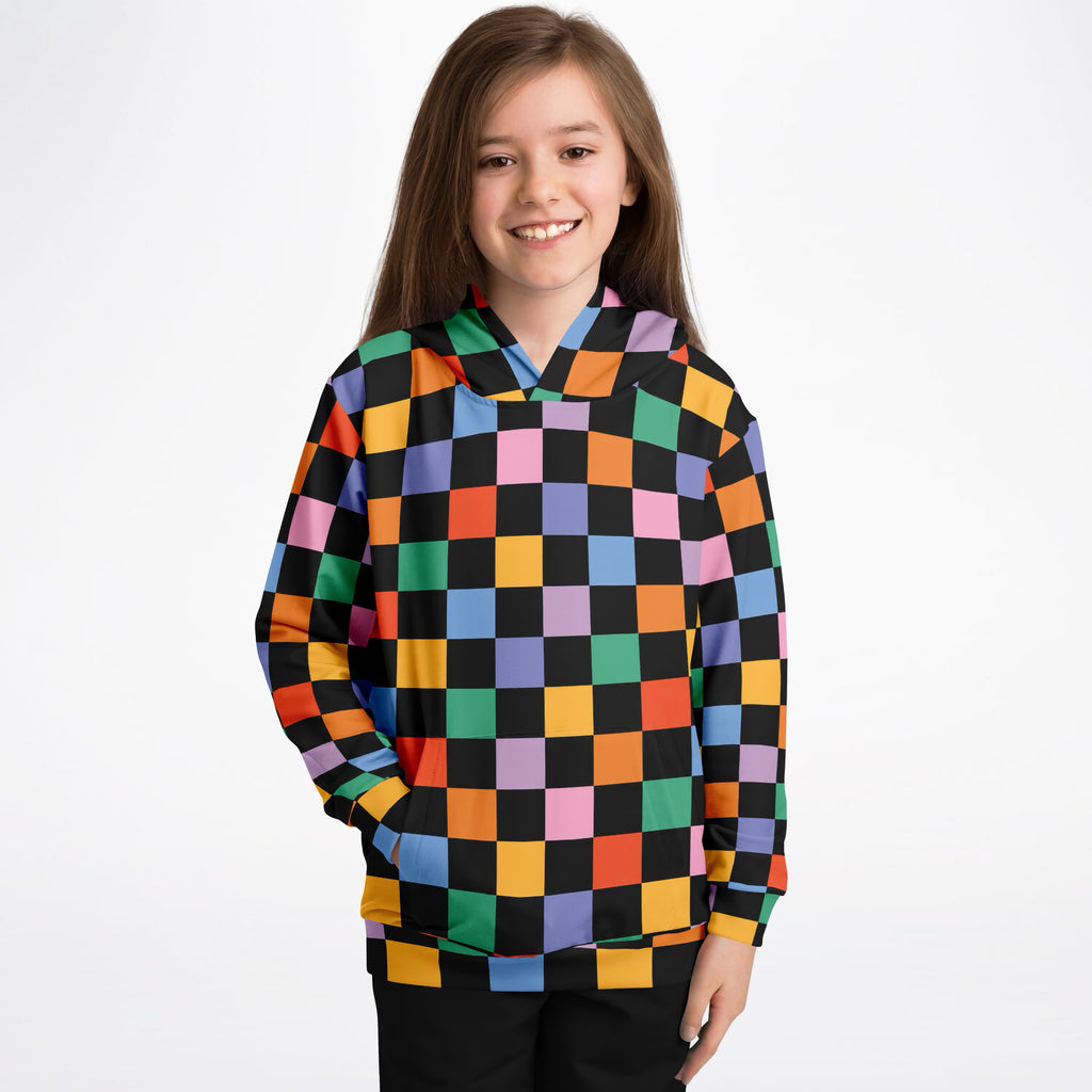 Girls Colorful Rainbow Checkered Hoodie – Ultra Comfy & Stretchy, Cozy Fleece or Lightweight Sports Fabric, Double-Layer Hood & Kangaroo Pocket