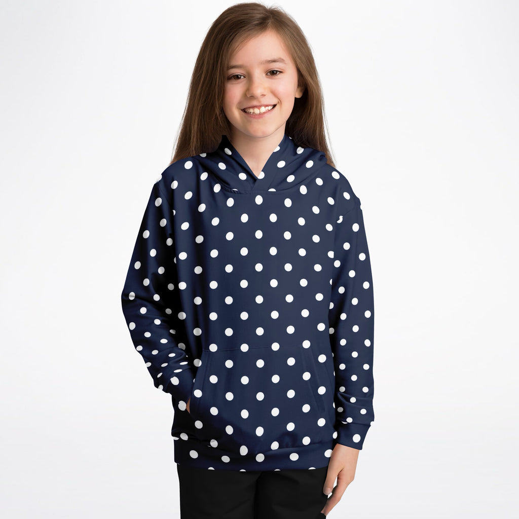 Kids Navy Blue Polka Dot Hoodie – Ultra Comfy & Stretchy, Cozy Fleece or Lightweight Sports Fabric, Double-Layer Hood & Kangaroo Pocket