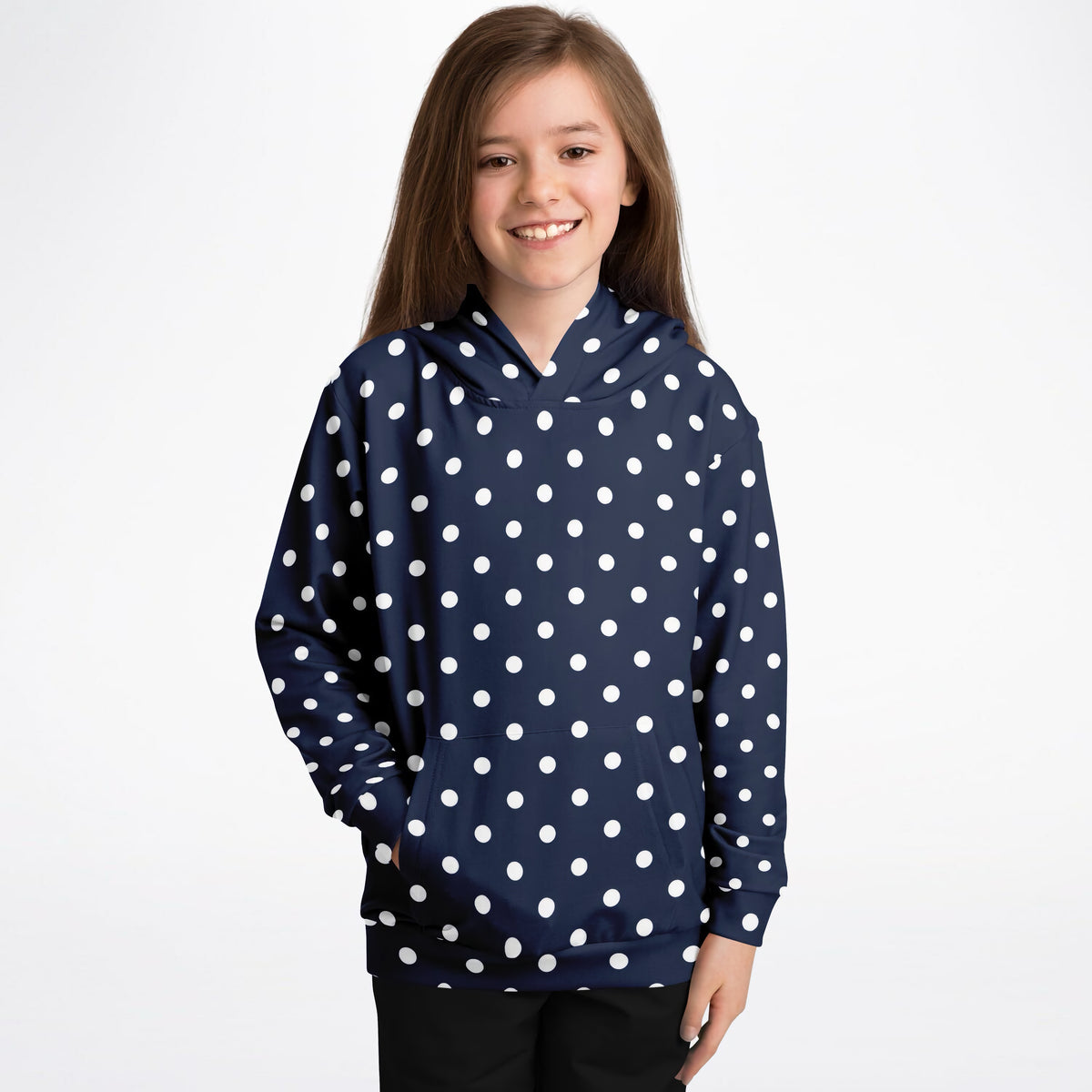 Kids Navy Blue Polka Dot Hoodie – Ultra Comfy & Stretchy, Cozy Fleece or Lightweight Sports Fabric, Double-Layer Hood & Kangaroo Pocket