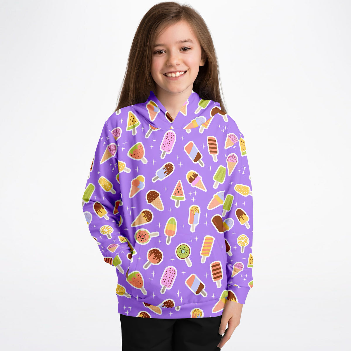 Girls Purple Ice Cream Hoodie – Ultra Comfy & Stretchy, Cozy Fleece or Lightweight Sports Fabric, Double-Layer Hood & Kangaroo Pocket