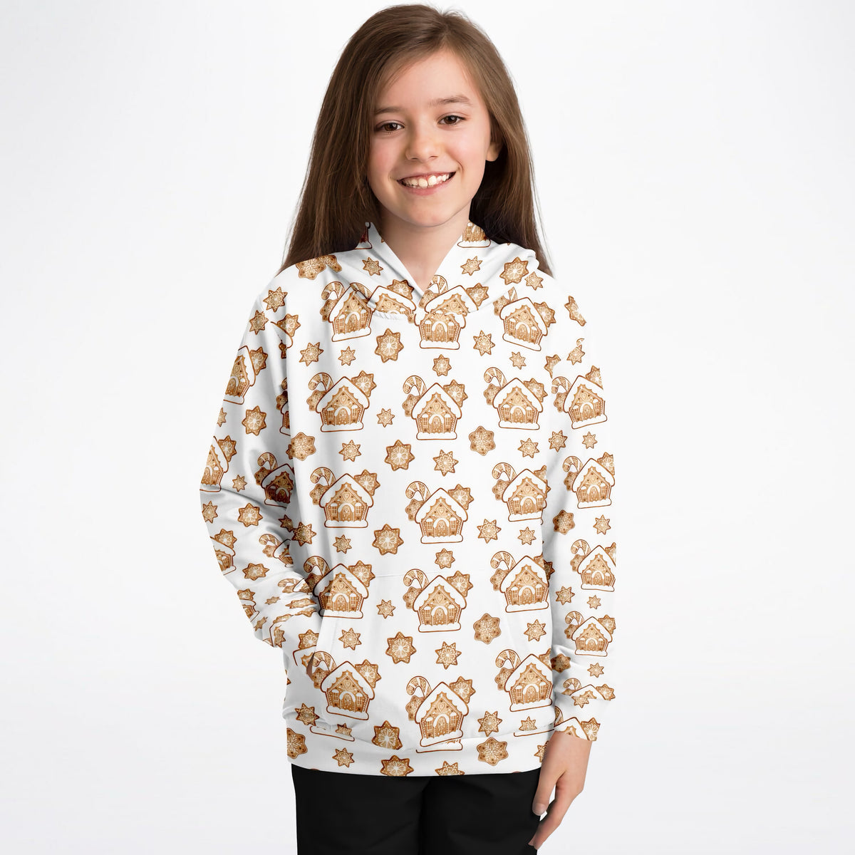 Kids Gingerbread House Christmas Hoodie – Ultra Comfy & Stretchy, Cozy Fleece or Lightweight Sports Fabric, Double-Layer Hood & Kangaroo Pocket