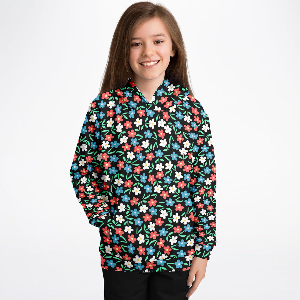 Girls Bright Red, Blue & White Flowers Hoodie – Ultra Comfy & Stretchy, Cozy Fleece or Lightweight Sports Fabric, Double-Layer Hood & Kangaroo Pocket