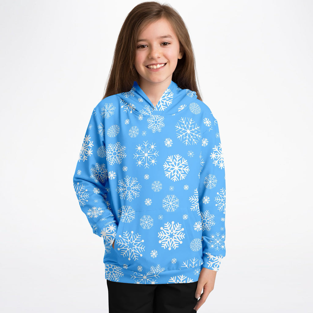Kids Blue Snowflake Christmas Hoodie – Ultra Comfy & Stretchy, Cozy Fleece or Lightweight Sports Fabric, Double-Layer Hood & Kangaroo Pocket