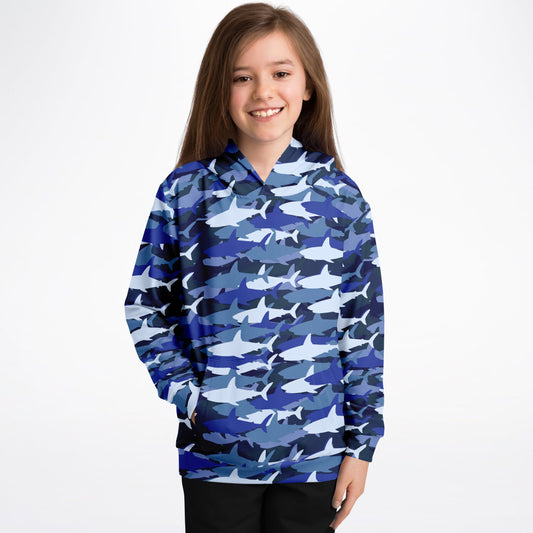 Kids Blue Shark Hoodie – Cozy Cotton Fleece or Lightweight Sports Fabric
