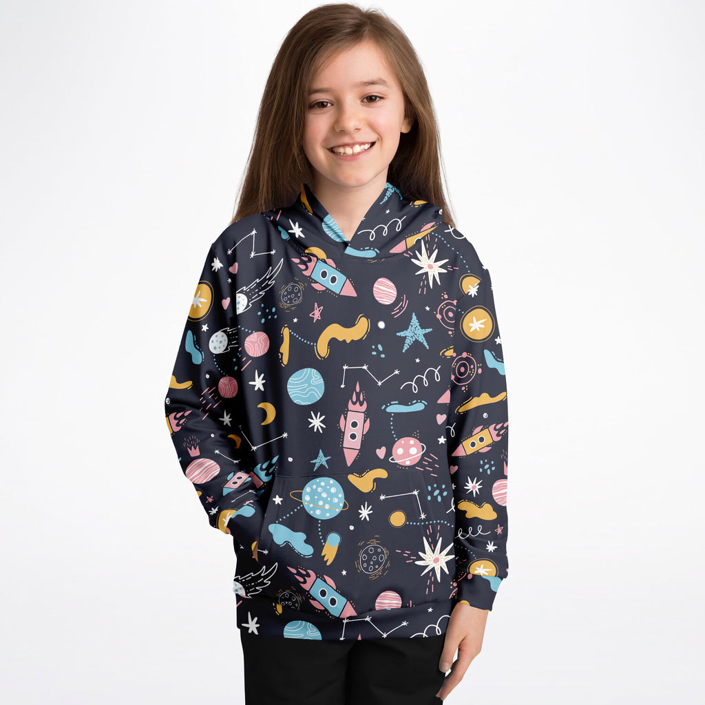 Kids outer space hoodie in dark navy cotton fleece with colorful rockets planets and stars playful space print