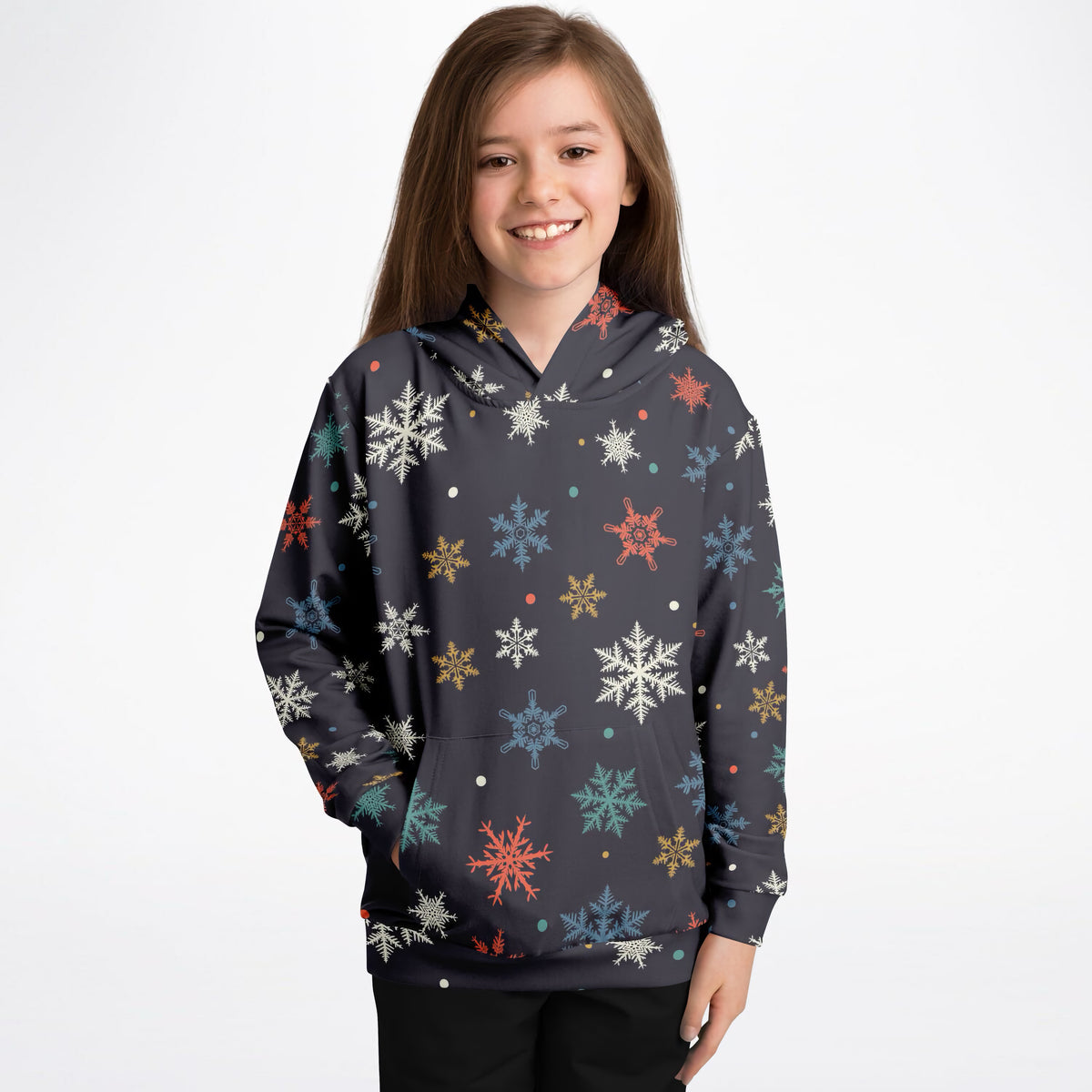 Kids Colorful Snowflake Christmas Hoodie – Ultra Comfy & Stretchy, Cozy Fleece or Lightweight Sports Fabric, Double-Layer Hood & Kangaroo Pocket