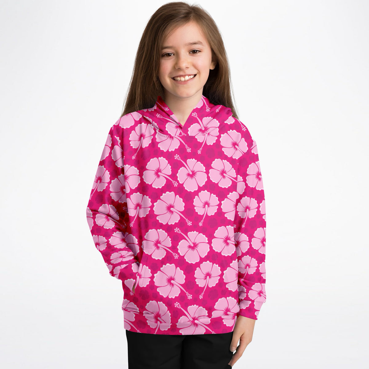 Girls Tropical Pink Hibiscus Hoodie – Ultra Comfy & Stretchy, Cozy Fleece or Lightweight Sports Fabric, Double-Layer Hood & Kangaroo Pocket