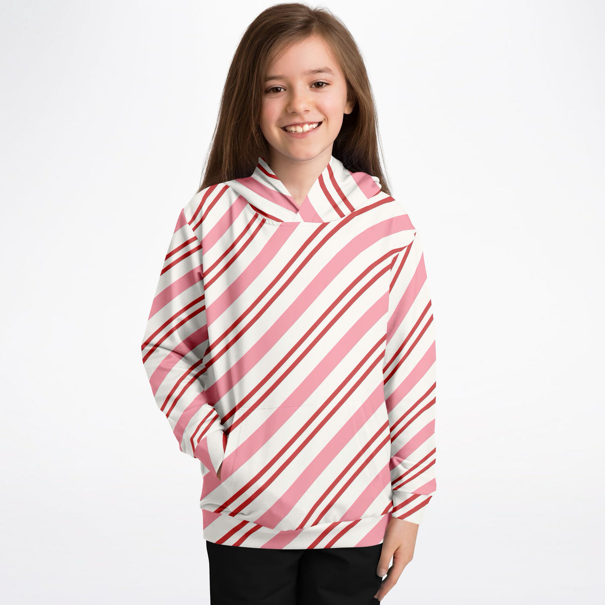 Girls Pink & Red Candy Cane Christmas Hoodie – Ultra Comfy & Stretchy, Cozy Fleece or Lightweight Sports Fabric, Double-Layer Hood & Kangaroo Pocket