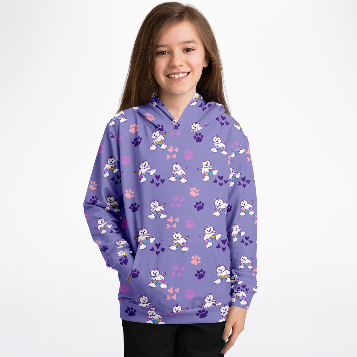 Girls Purple Caticorn Hoodie – Ultra Comfy & Stretchy, Cozy Fleece or Lightweight Sports Fabric, Double-Layer Hood & Kangaroo Pocket