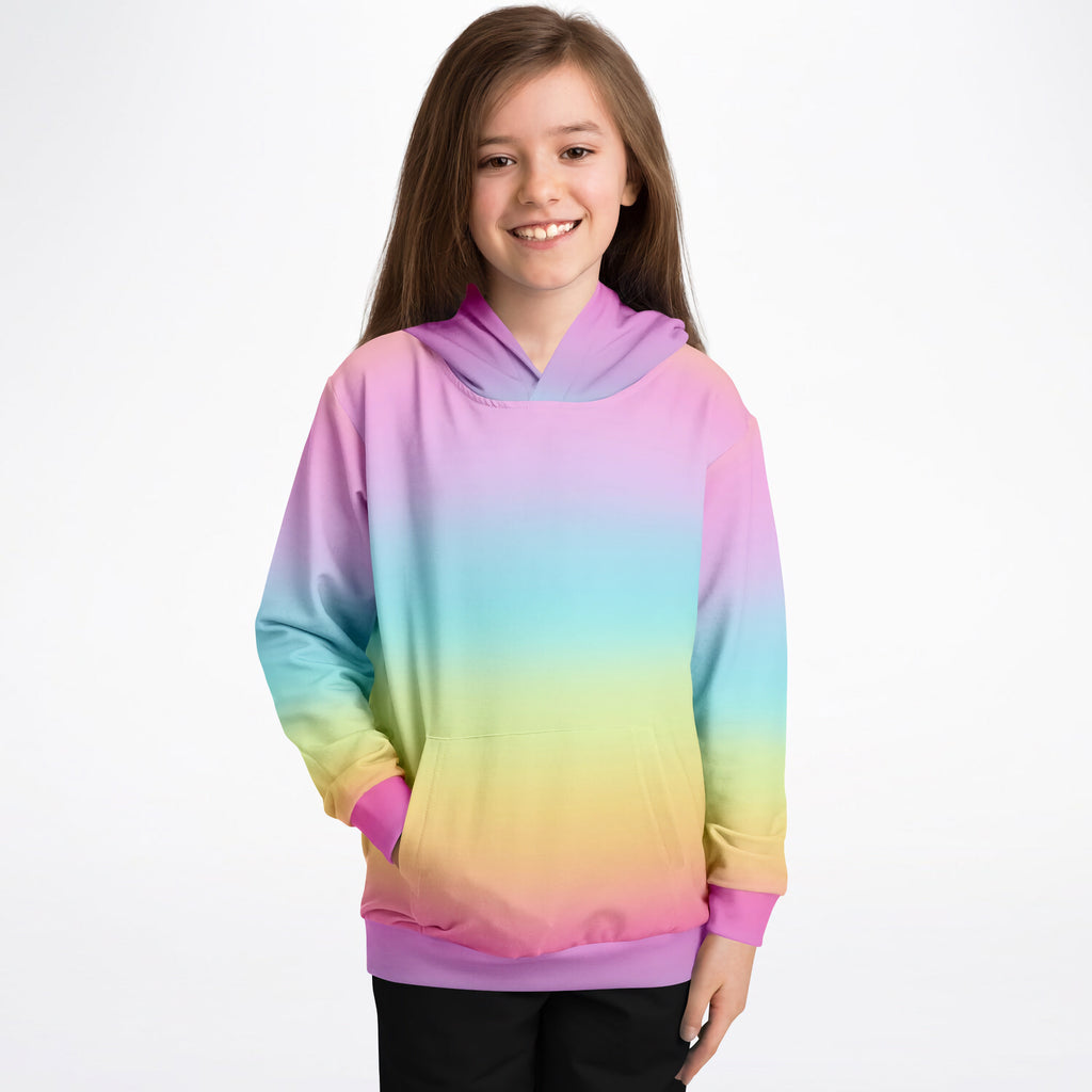 Girls bright rainbow hoodie with vibrant gradient, cozy cotton fleece or lightweight sports fabric, purple trim details