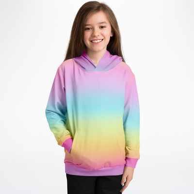 Girls bright rainbow hoodie with vibrant gradient, cozy cotton fleece or lightweight sports fabric, purple trim details