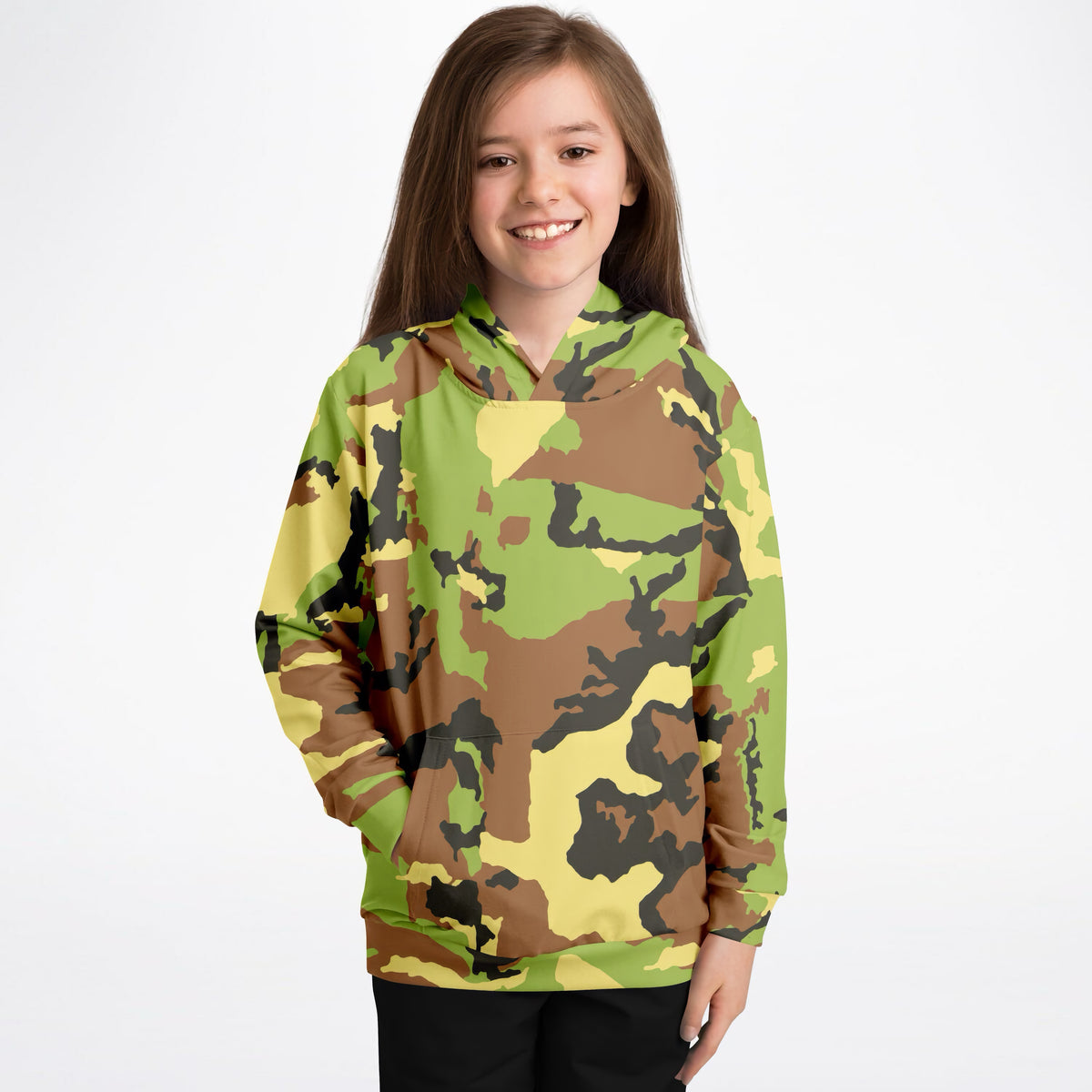 Kids Green Camouflage Hoodie – Ultra Comfy & Stretchy, Cozy Fleece or Lightweight Sports Fabric, Double-Layer Hood & Kangaroo Pocket