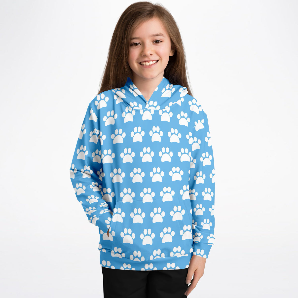 Kids Sky Blue Paw Print Hoodie – Ultra Comfy & Stretchy, Cozy Fleece or Lightweight Sports Fabric, Double-Layer Hood & Kangaroo Pocket
