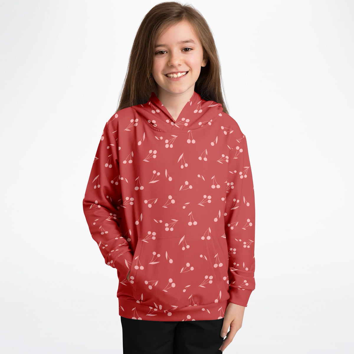Girls Deep Red Cherry Hoodie – Ultra Comfy & Stretchy, Cozy Fleece or Lightweight Sports Fabric, Double-Layer Hood & Kangaroo Pocket