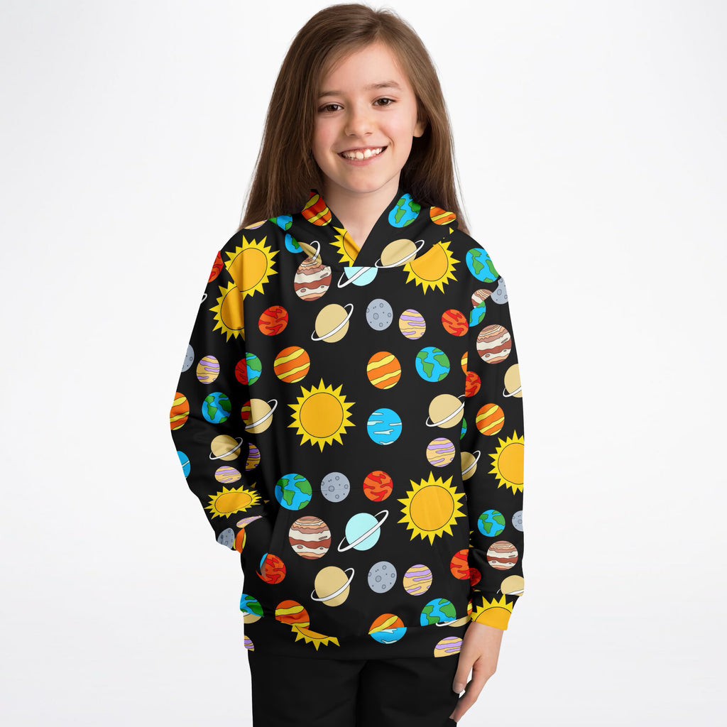 Kids Solar System Planets Hoodie – Ultra Comfy & Stretchy, Cozy Fleece or Lightweight Sports Fabric, Double-Layer Hood & Kangaroo Pocket