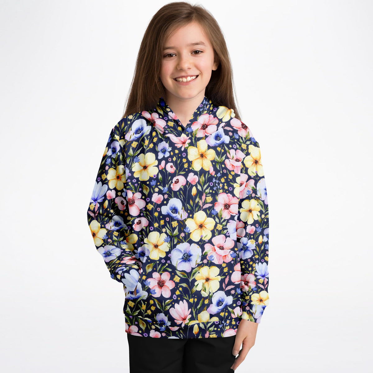 Girls Navy Blue Watercolor Floral Hoodie – Ultra Comfy & Stretchy, Cozy Fleece or Lightweight Sports Fabric, Double-Layer Hood & Kangaroo Pocket