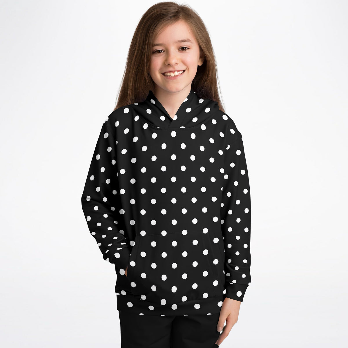 Kids Black Polka Dot Hoodie – Ultra Comfy & Stretchy, Cozy Fleece or Lightweight Sports Fabric, Double-Layer Hood & Kangaroo Pocket