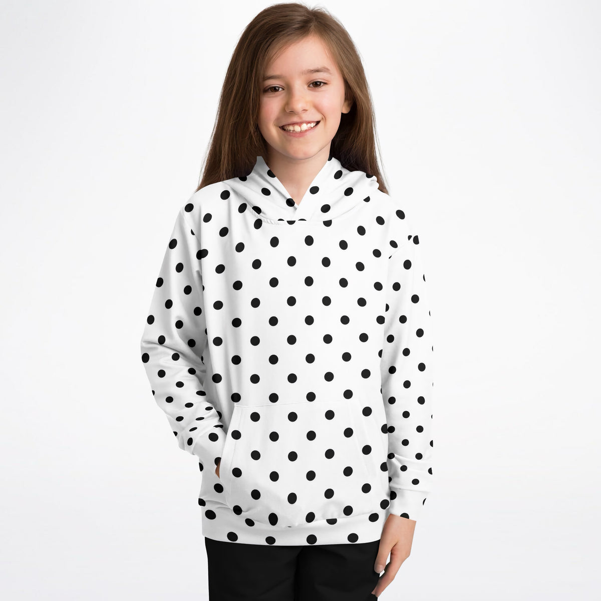 Kids White Polka Dot Hoodie – Ultra Comfy & Stretchy, Cozy Fleece or Lightweight Sports Fabric, Double-Layer Hood & Kangaroo Pocket