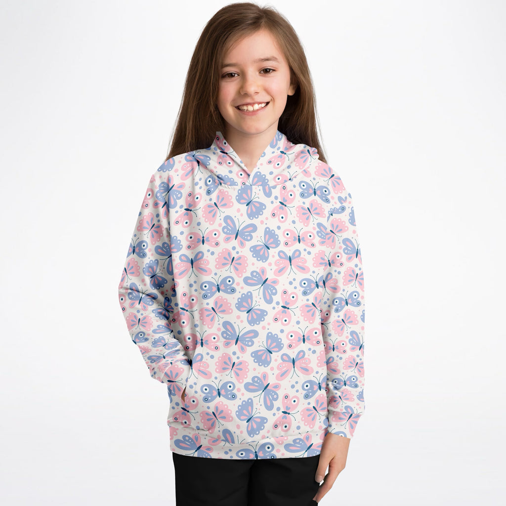 Girls Pink & Blue Butterfly Hoodie – Ultra Comfy & Stretchy, Cozy Fleece or Lightweight Sports Fabric, Double-Layer Hood & Kangaroo Pocket
