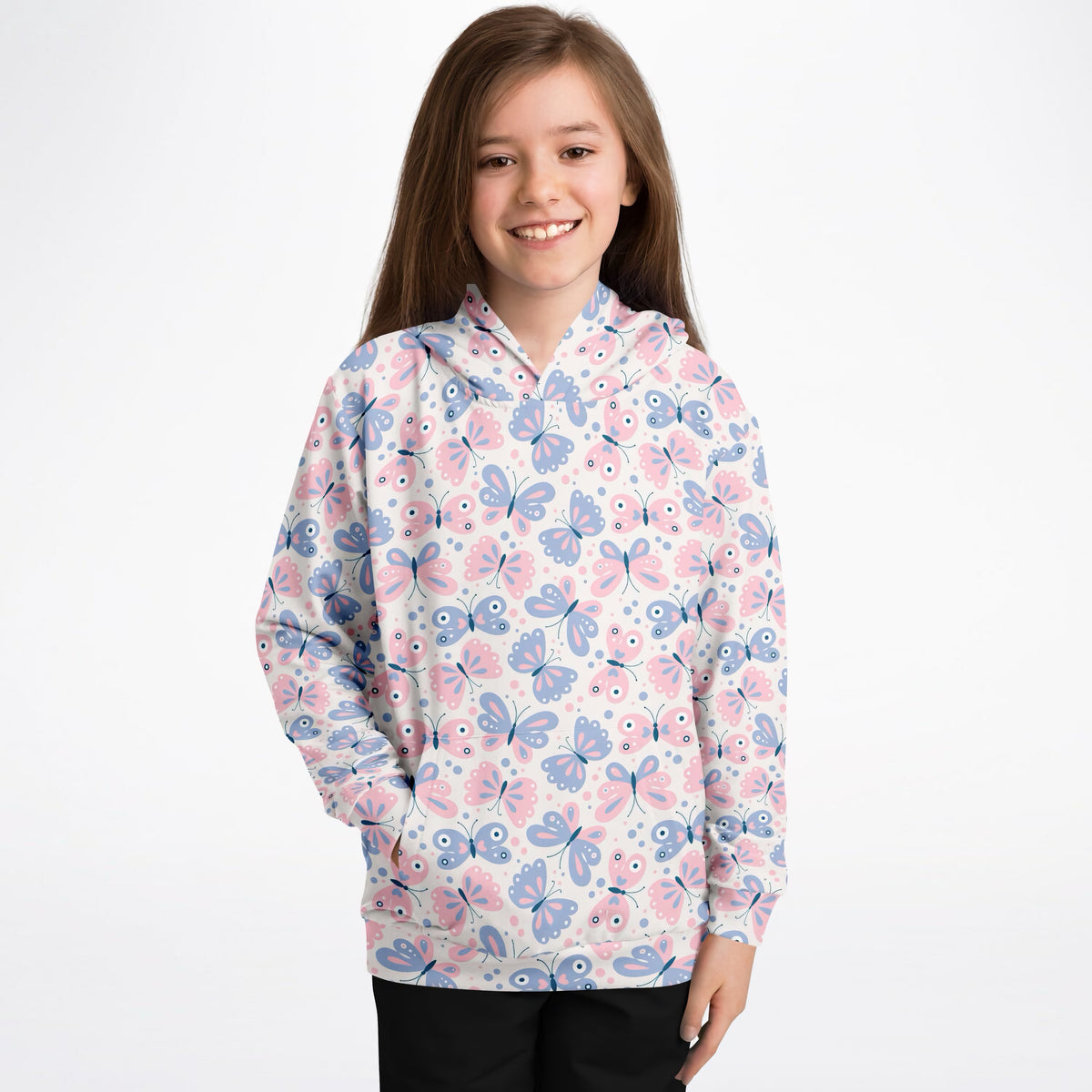 Girls Pink & Blue Butterfly Hoodie – Ultra Comfy & Stretchy, Cozy Fleece or Lightweight Sports Fabric, Double-Layer Hood & Kangaroo Pocket