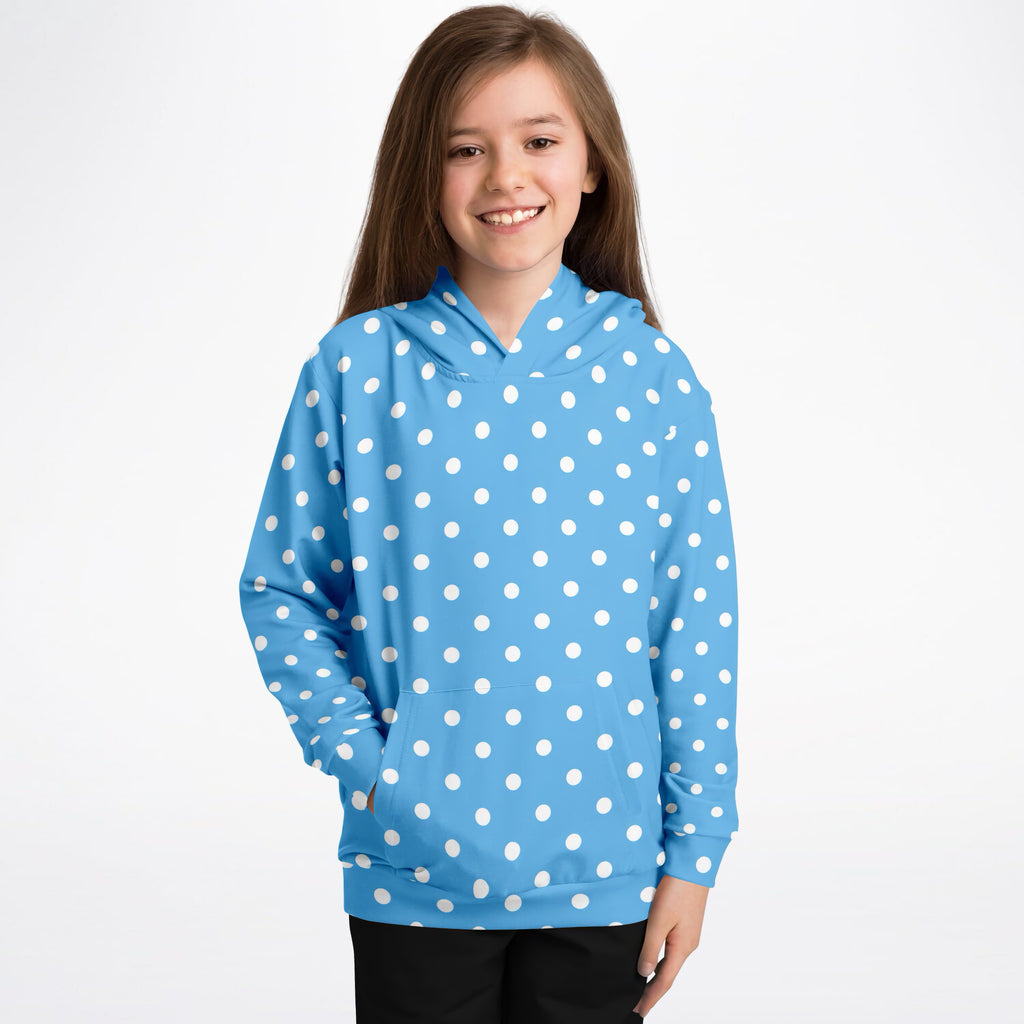 Kids Sky Blue Polka Dot Hoodie – Ultra Comfy & Stretchy, Cozy Fleece or Lightweight Sports Fabric, Double-Layer Hood & Kangaroo Pocket