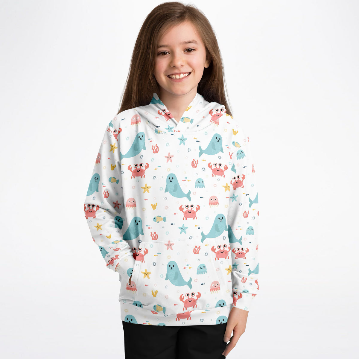 Kids Cute Ocean Animals Hoodie – Ultra Comfy & Stretchy, Cozy Fleece or Lightweight Sports Fabric, Double-Layer Hood & Kangaroo Pocket