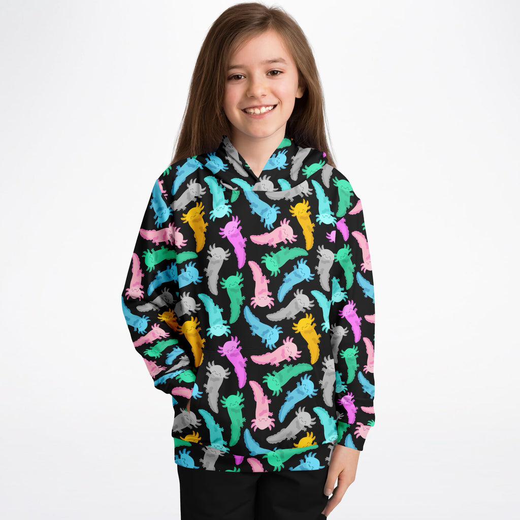 Kids Colorful Axolotl Hoodie – Ultra Comfy & Stretchy, Cozy Fleece or Lightweight Sports Fabric, Double-Layer Hood & Kangaroo Pocket
