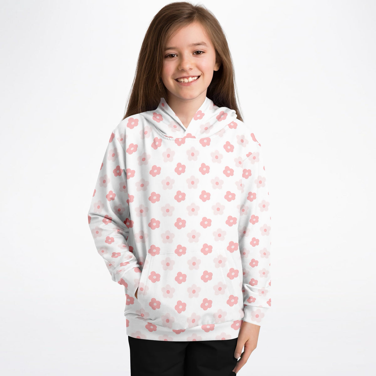 Girls Cute Pink Daisy Flower Hoodie – Ultra Comfy & Stretchy, Cozy Fleece or Lightweight Sports Fabric, Double-Layer Hood & Kangaroo Pocket