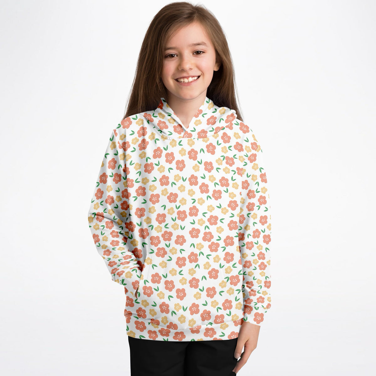 Girls Peach & Yellow Floral Hoodie – Ultra Comfy & Stretchy, Cozy Fleece or Lightweight Sports Fabric, Double-Layer Hood & Kangaroo Pocket