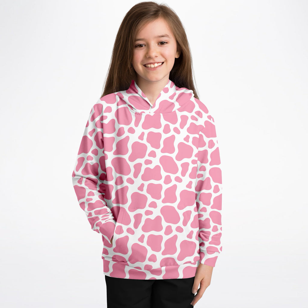 Girls Pink Cow Print Hoodie – Ultra Comfy & Stretchy, Cozy Fleece or Lightweight Sports Fabric, Double-Layer Hood & Kangaroo Pocket