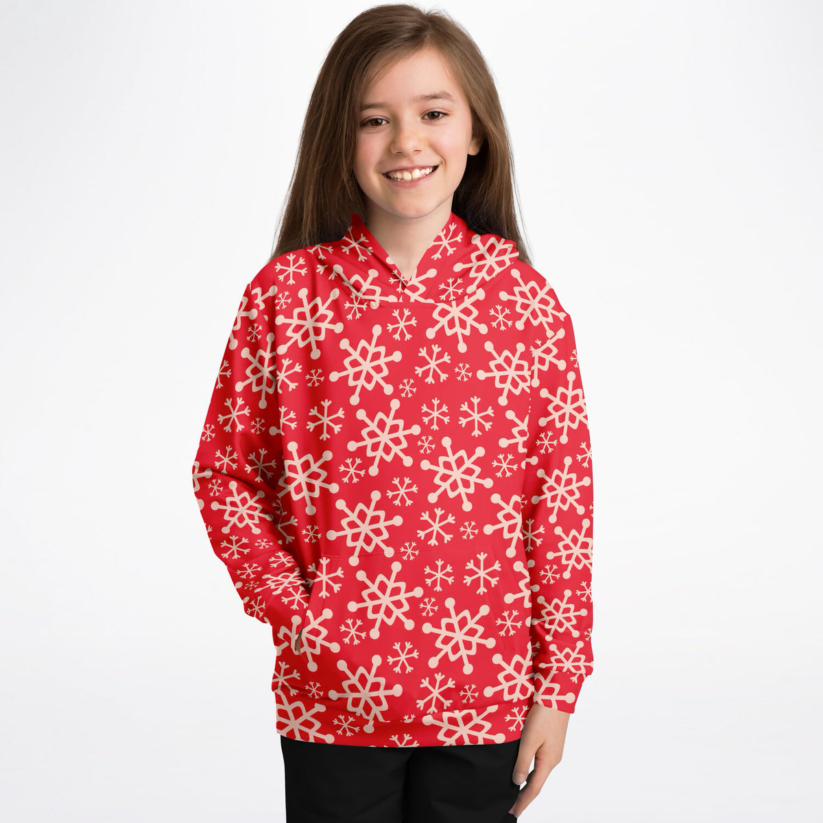 Kids Red Snowflake Christmas Hoodie – Ultra Comfy & Stretchy, Cozy Fleece or Lightweight Sports Fabric, Double-Layer Hood & Kangaroo Pocket