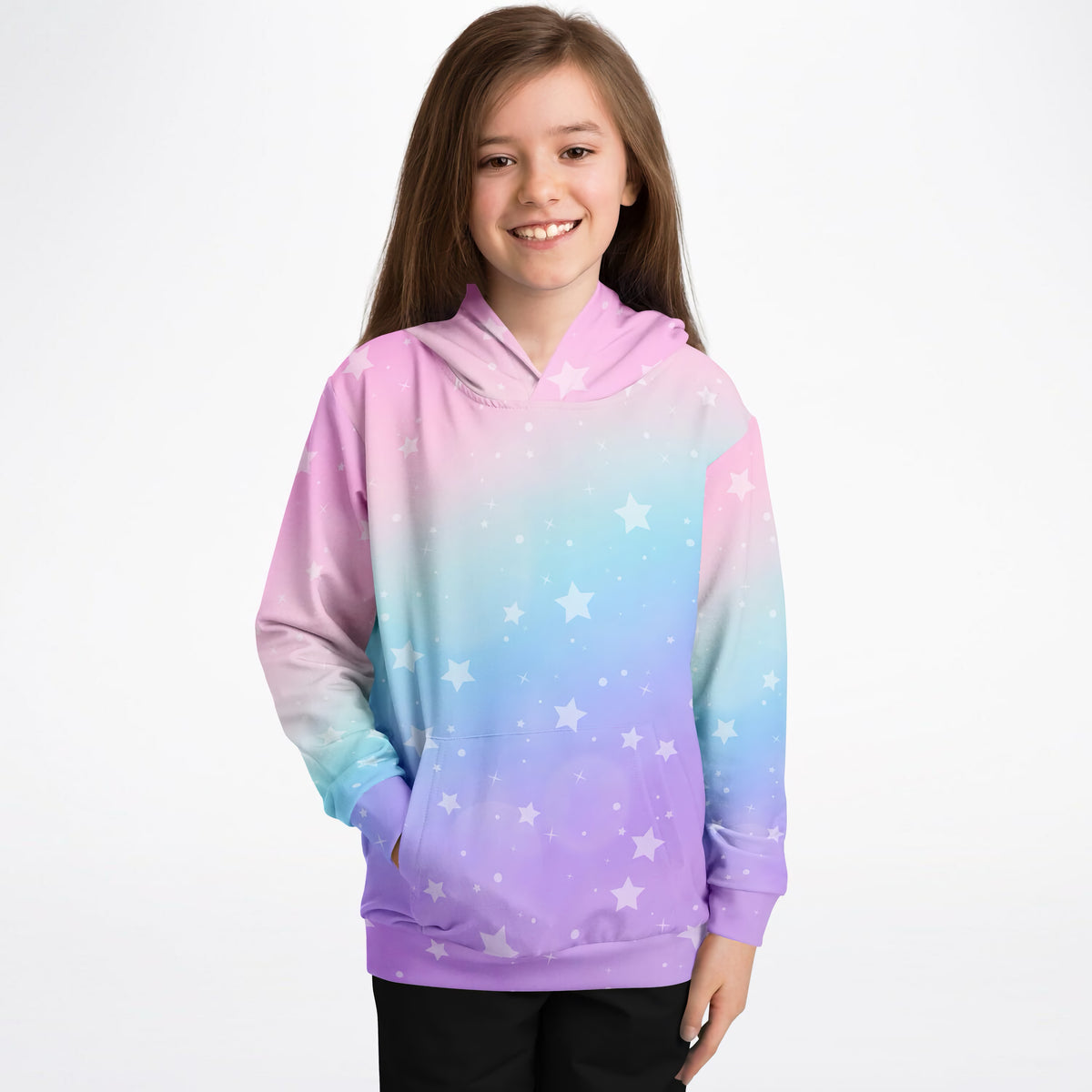 Girls Rainbow Stars Hoodie – Ultra Comfy & Stretchy, Cozy Fleece or Lightweight Sports Fabric, Double-Layer Hood & Kangaroo Pocket
