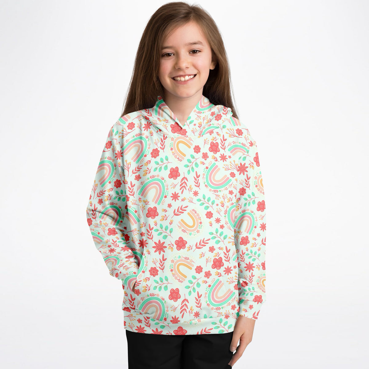 Girls Boho Rainbow Floral Hoodie – Ultra Comfy & Stretchy, Cozy Fleece or Lightweight Sports Fabric, Double-Layer Hood & Kangaroo Pocket
